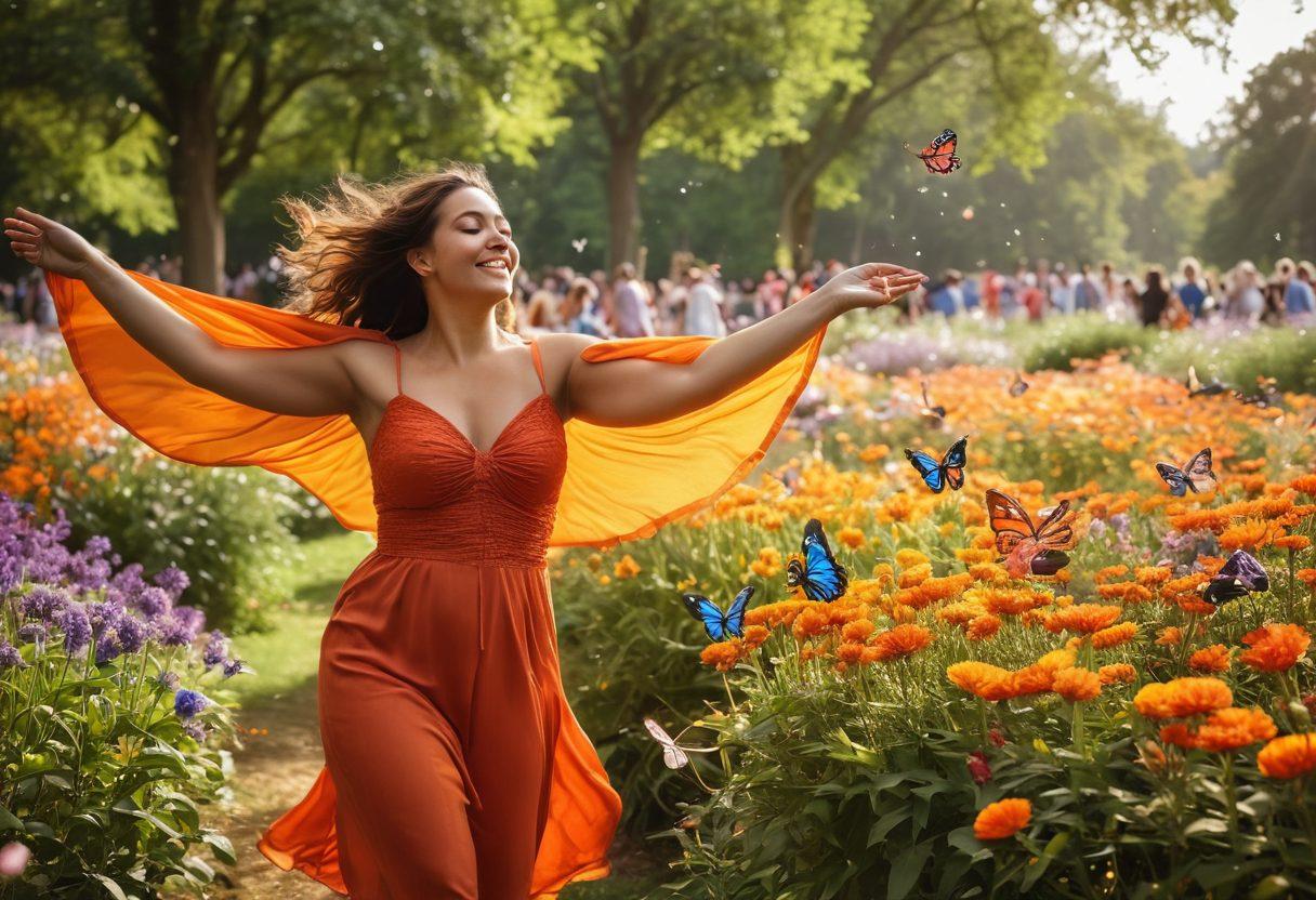 A serene and uplifting scene depicting diverse individuals joyfully celebrating their bodies in a colorful park setting. Each person showcases their unique shapes and sizes, wearing bright, confident outfits. Surrounding them are butterflies and blooming flowers, symbolizing growth and transformation. The atmosphere is filled with sunlight and warmth, creating an inviting and positive vibe. vibrant colors. super-realistic.